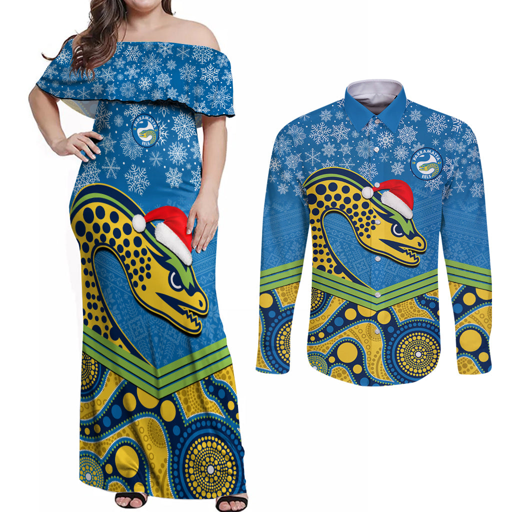 custom-parramatta-eels-rugby-christmas-couples-matching-off-shoulder-maxi-dress-and-long-sleeve-button-shirt-merry-xmas-2023-mix-aboriginal-art