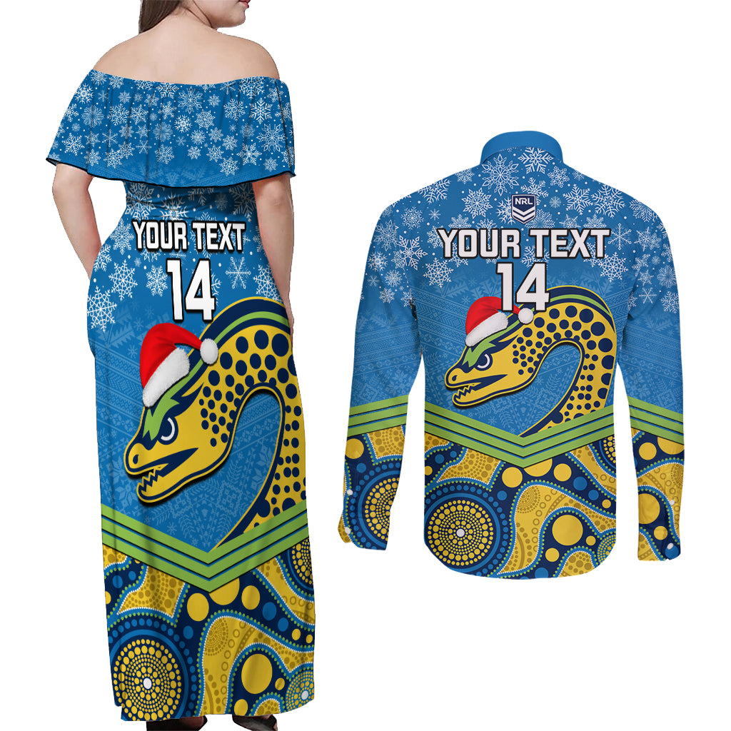custom-parramatta-eels-rugby-christmas-couples-matching-off-shoulder-maxi-dress-and-long-sleeve-button-shirt-merry-xmas-2023-mix-aboriginal-art