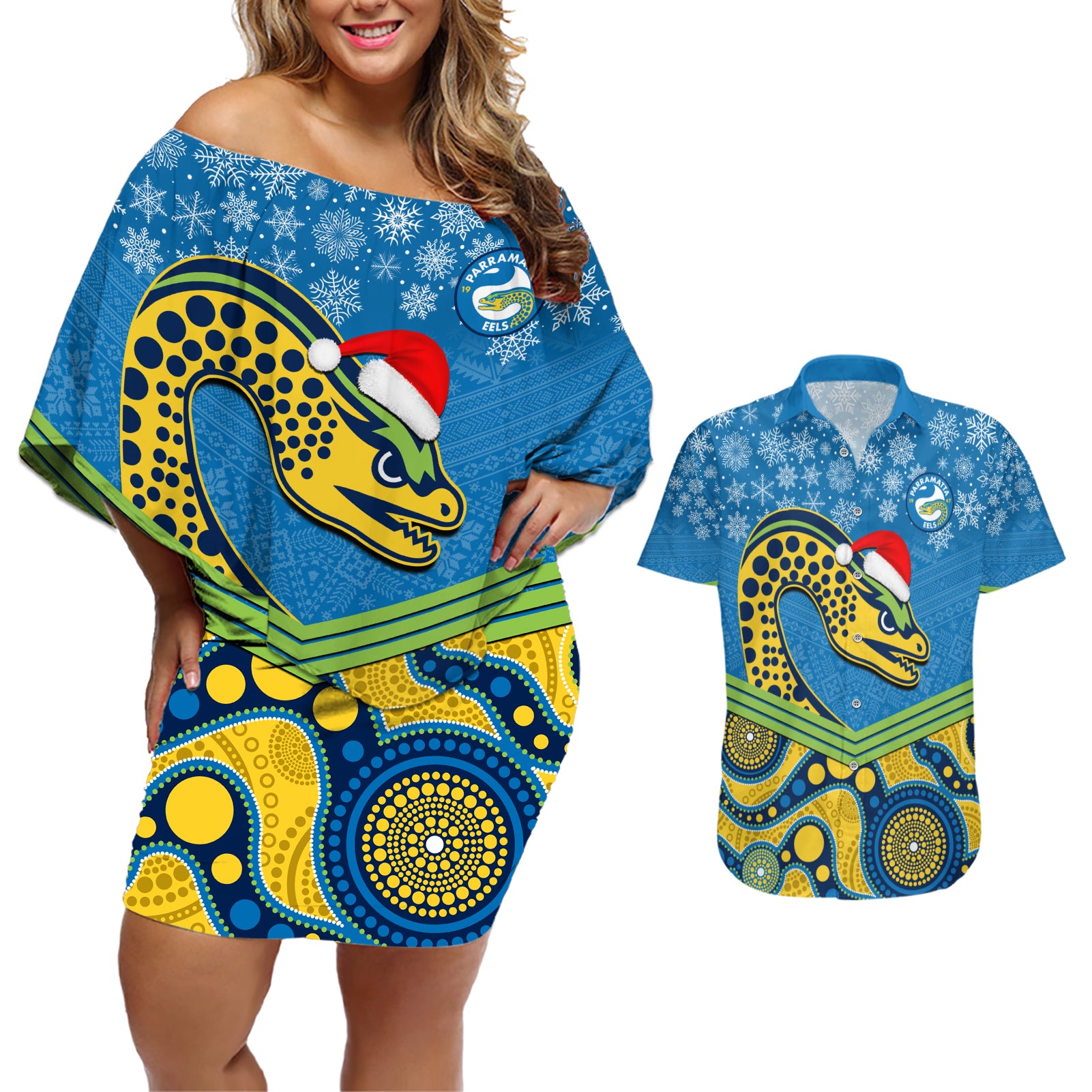 custom-parramatta-eels-rugby-christmas-couples-matching-off-shoulder-short-dress-and-hawaiian-shirt-merry-xmas-2023-mix-aboriginal-art