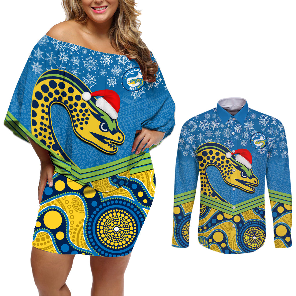 custom-parramatta-eels-rugby-christmas-couples-matching-off-shoulder-short-dress-and-long-sleeve-button-shirt-merry-xmas-2023-mix-aboriginal-art
