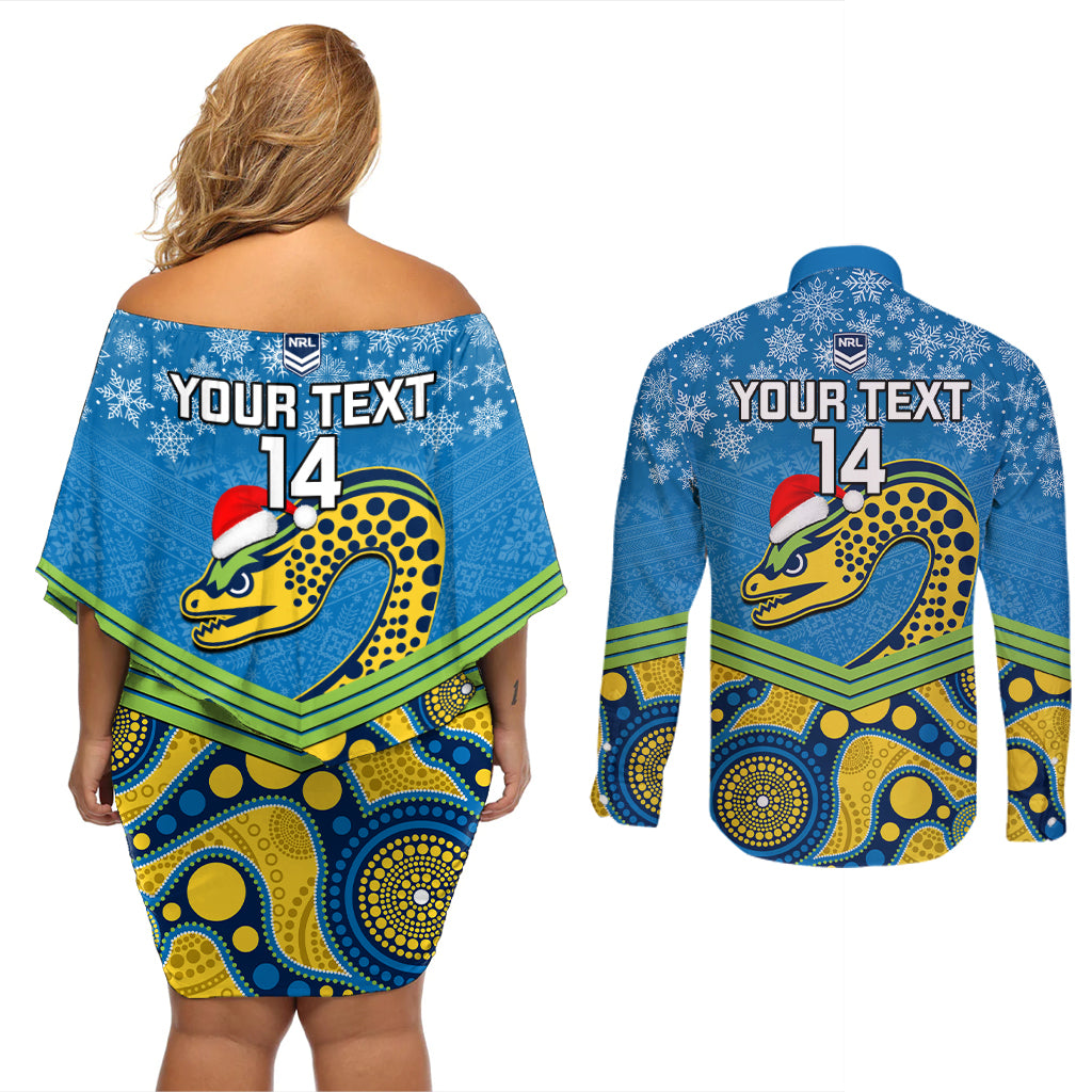 custom-parramatta-eels-rugby-christmas-couples-matching-off-shoulder-short-dress-and-long-sleeve-button-shirt-merry-xmas-2023-mix-aboriginal-art