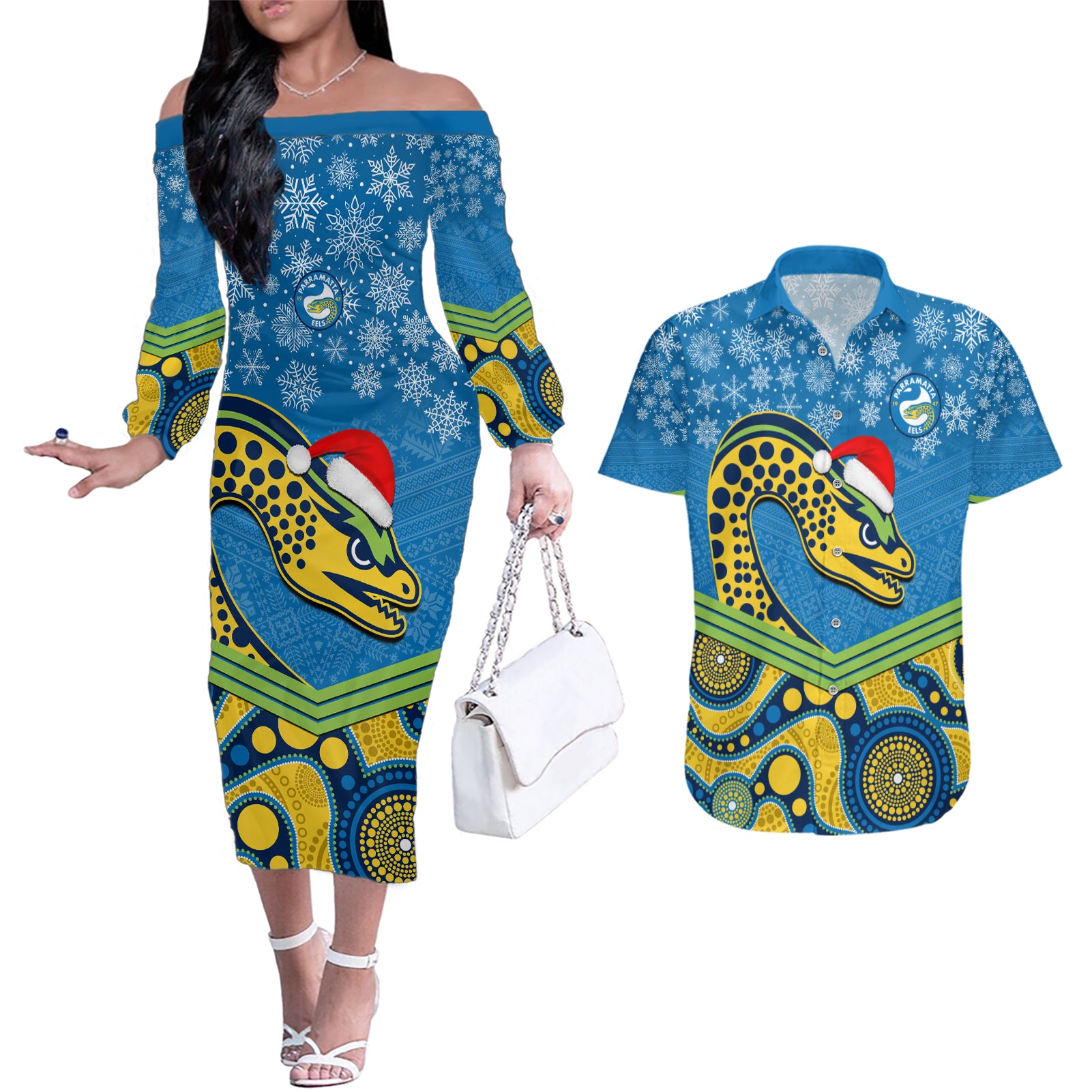 custom-parramatta-eels-rugby-christmas-couples-matching-off-the-shoulder-long-sleeve-dress-and-hawaiian-shirt-merry-xmas-2023-mix-aboriginal-art