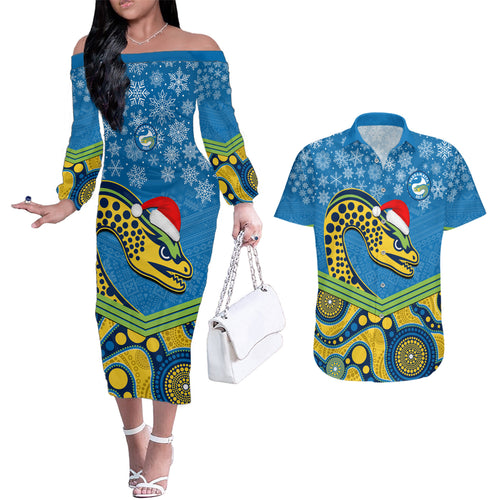 custom-parramatta-eels-rugby-christmas-couples-matching-off-the-shoulder-long-sleeve-dress-and-hawaiian-shirt-merry-xmas-2023-mix-aboriginal-art
