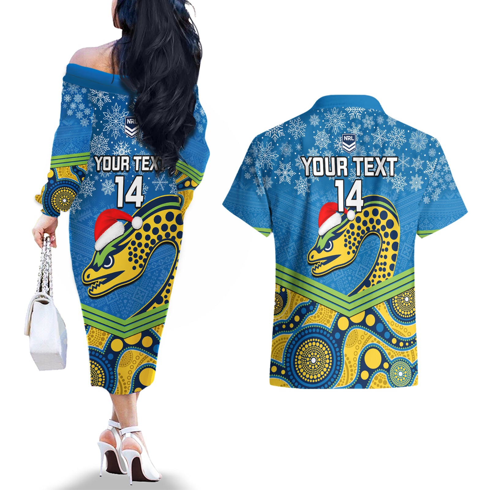 custom-parramatta-eels-rugby-christmas-couples-matching-off-the-shoulder-long-sleeve-dress-and-hawaiian-shirt-merry-xmas-2023-mix-aboriginal-art