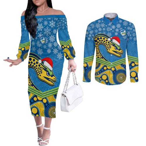 custom-parramatta-eels-rugby-christmas-couples-matching-off-the-shoulder-long-sleeve-dress-and-long-sleeve-button-shirt-merry-xmas-2023-mix-aboriginal-art