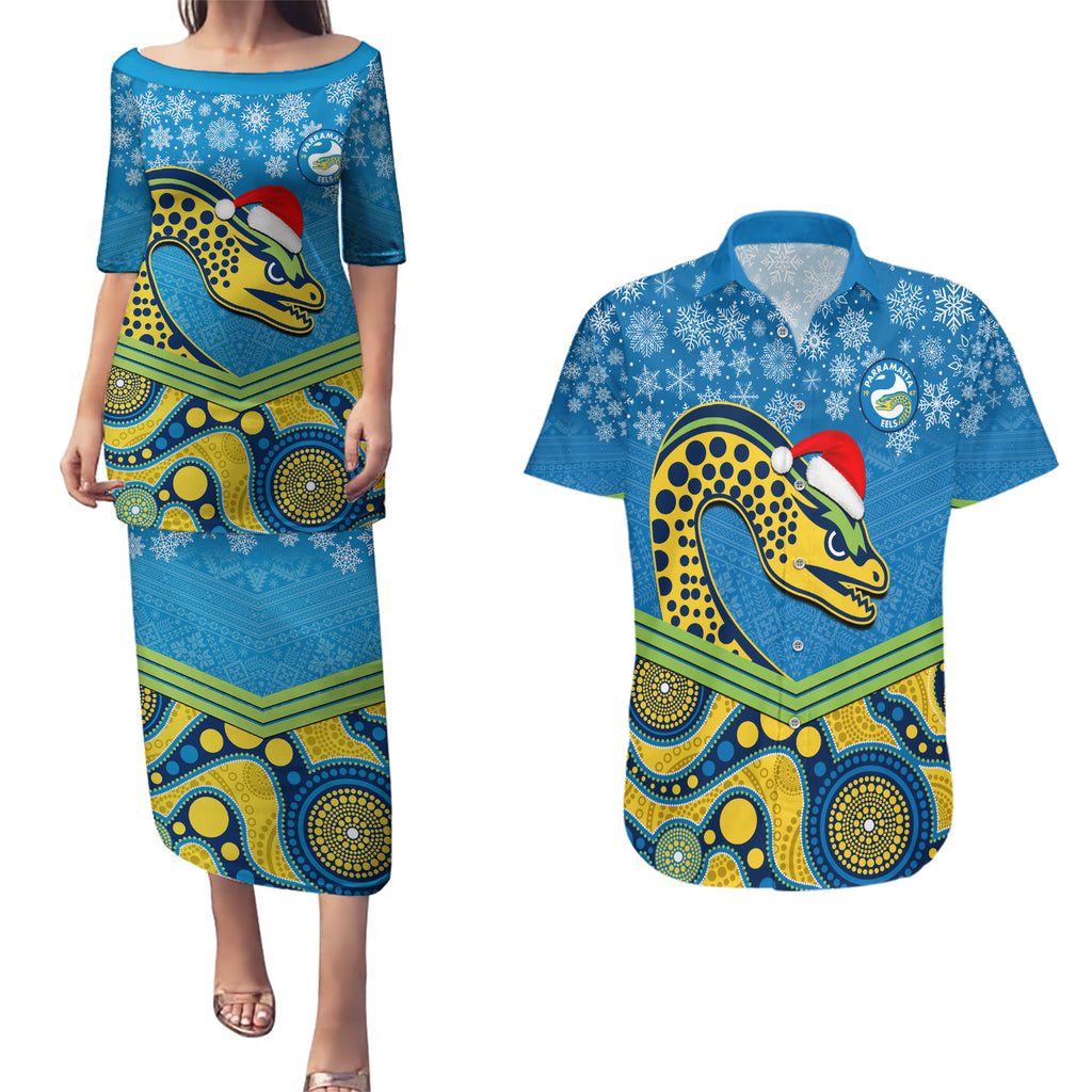 custom-parramatta-eels-rugby-christmas-couples-matching-puletasi-dress-and-hawaiian-shirt-merry-xmas-2023-mix-aboriginal-art