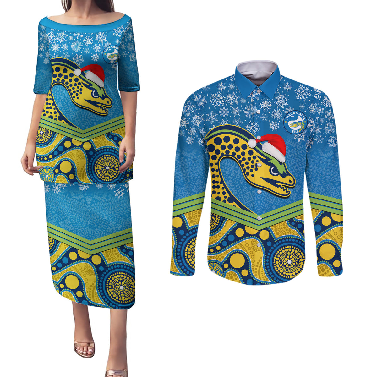 custom-parramatta-eels-rugby-christmas-couples-matching-puletasi-dress-and-long-sleeve-button-shirt-merry-xmas-2023-mix-aboriginal-art