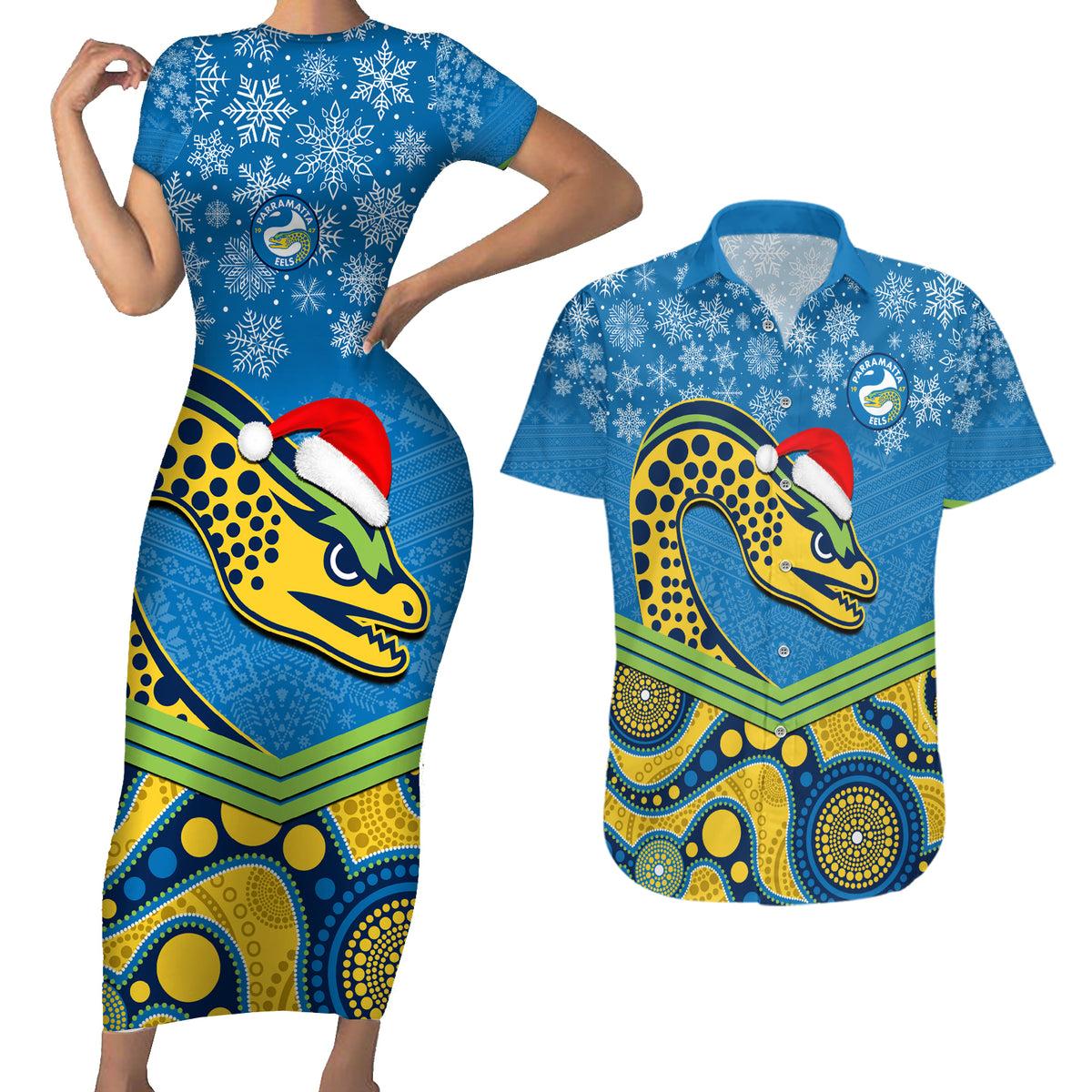 custom-parramatta-eels-rugby-christmas-couples-matching-short-sleeve-bodycon-dress-and-hawaiian-shirt-merry-xmas-2023-mix-aboriginal-art
