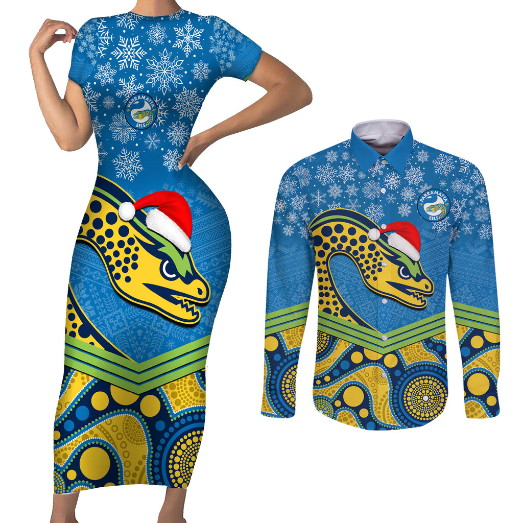 custom-parramatta-eels-rugby-christmas-couples-matching-short-sleeve-bodycon-dress-and-long-sleeve-button-shirt-merry-xmas-2023-mix-aboriginal-art