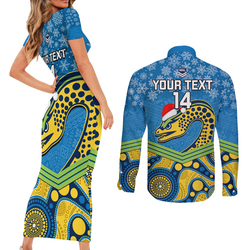 custom-parramatta-eels-rugby-christmas-couples-matching-short-sleeve-bodycon-dress-and-long-sleeve-button-shirt-merry-xmas-2023-mix-aboriginal-art