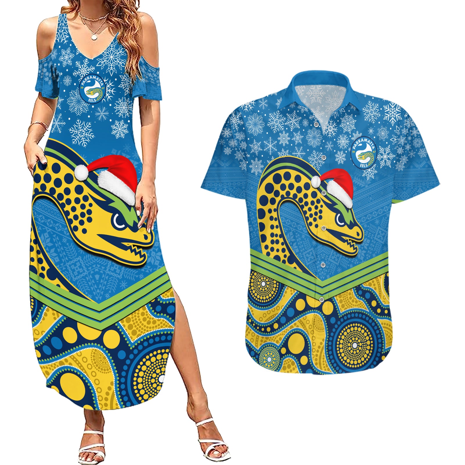 custom-parramatta-eels-rugby-christmas-couples-matching-summer-maxi-dress-and-hawaiian-shirt-merry-xmas-2023-mix-aboriginal-art