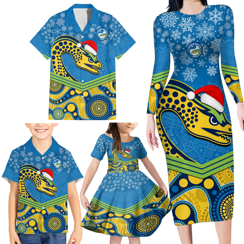 custom-parramatta-eels-rugby-christmas-family-matching-long-sleeve-bodycon-dress-and-hawaiian-shirt-merry-xmas-2023-mix-aboriginal-art