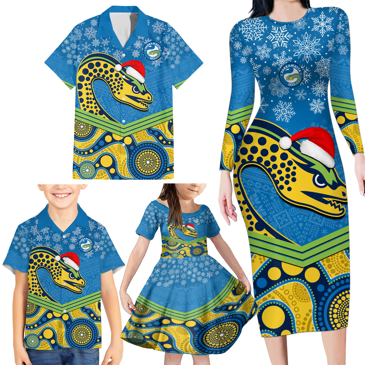 custom-parramatta-eels-rugby-christmas-family-matching-long-sleeve-bodycon-dress-and-hawaiian-shirt-merry-xmas-2023-mix-aboriginal-art