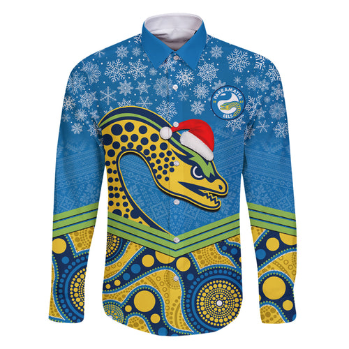 custom-parramatta-eels-rugby-christmas-family-matching-off-shoulder-maxi-dress-and-hawaiian-shirt-merry-xmas-2023-mix-aboriginal-art