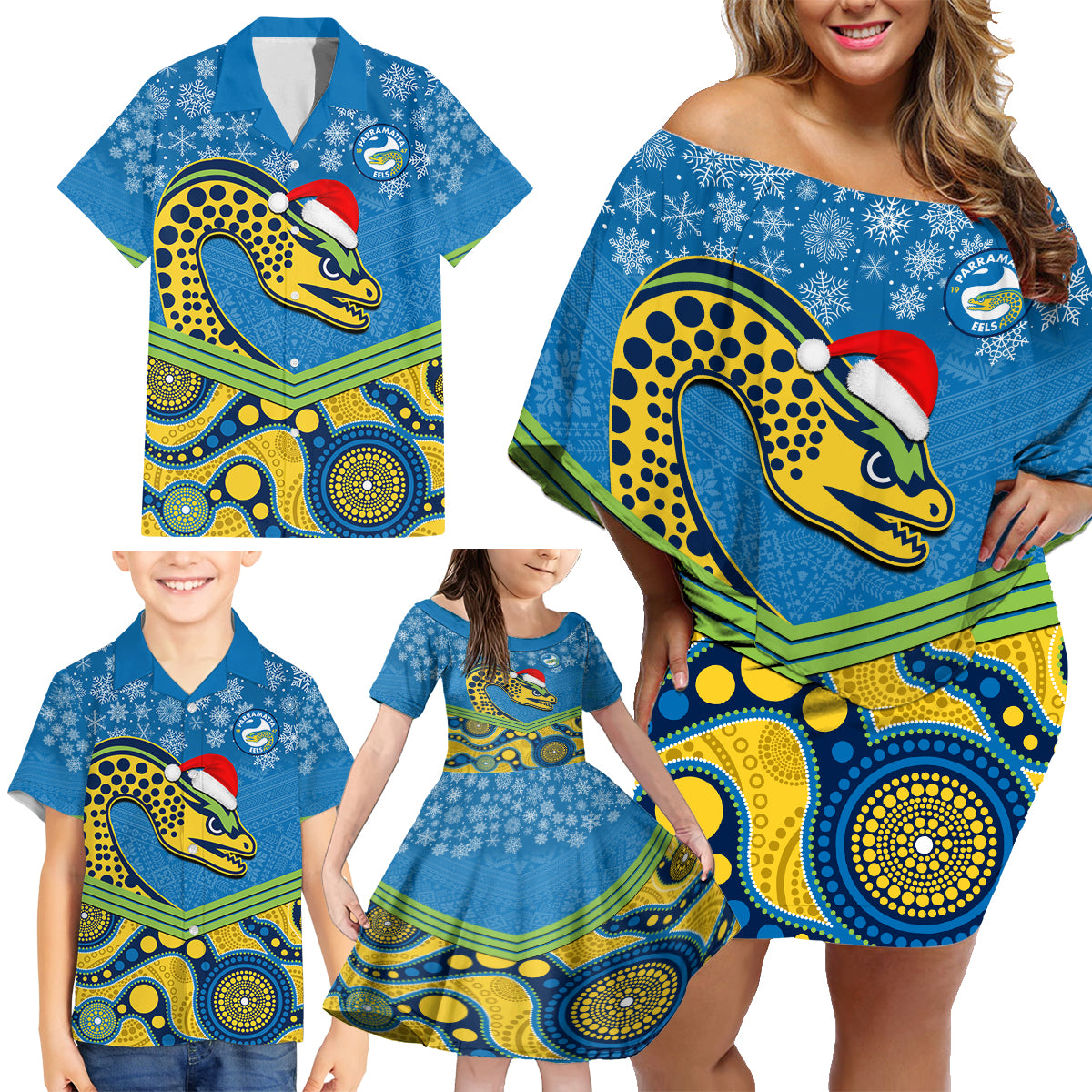 custom-parramatta-eels-rugby-christmas-family-matching-off-shoulder-short-dress-and-hawaiian-shirt-merry-xmas-2023-mix-aboriginal-art