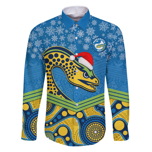 custom-parramatta-eels-rugby-christmas-family-matching-short-sleeve-bodycon-dress-and-hawaiian-shirt-merry-xmas-2023-mix-aboriginal-art