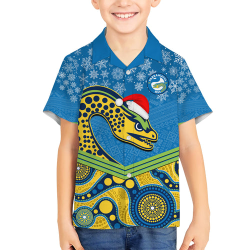 custom-parramatta-eels-rugby-christmas-family-matching-short-sleeve-bodycon-dress-and-hawaiian-shirt-merry-xmas-2023-mix-aboriginal-art