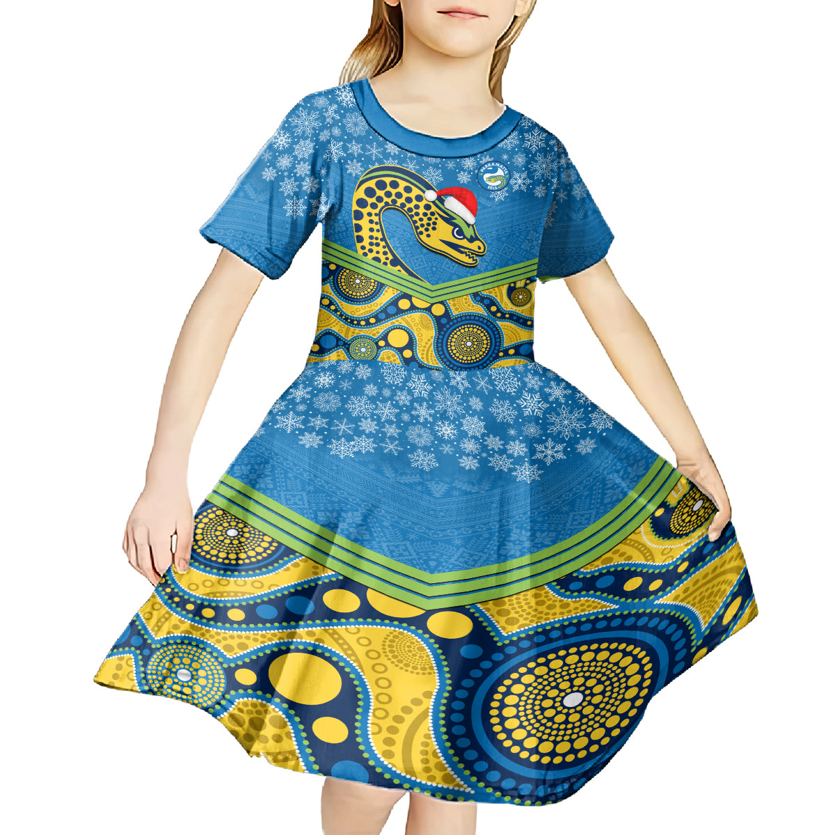 custom-parramatta-eels-rugby-christmas-kid-short-sleeve-dress-merry-xmas-2023-mix-aboriginal-art