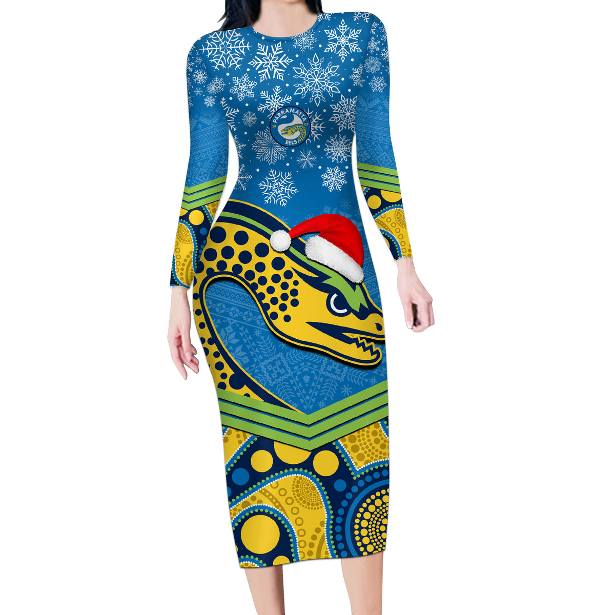 custom-parramatta-eels-rugby-christmas-long-sleeve-bodycon-dress-merry-xmas-2023-mix-aboriginal-art