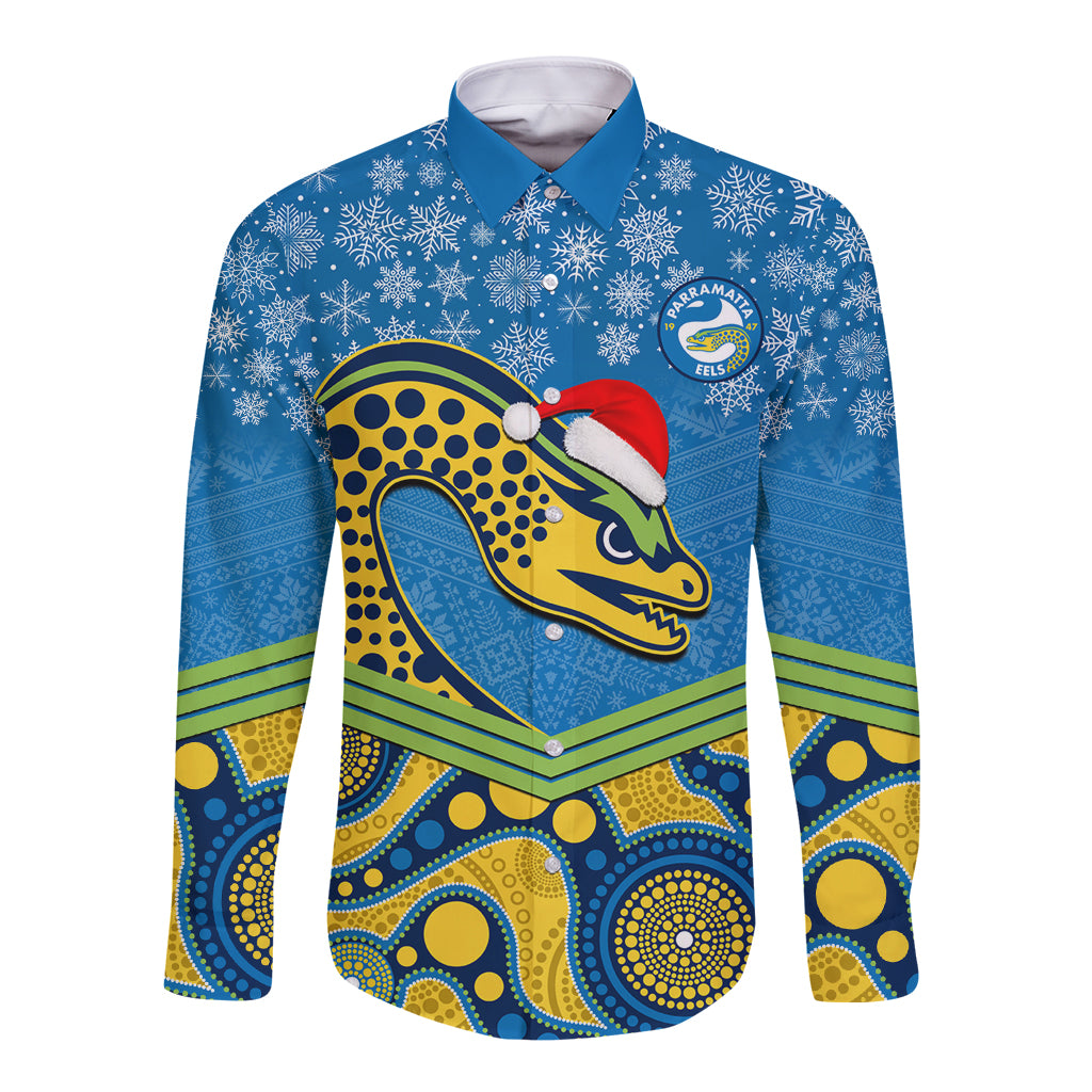 custom-parramatta-eels-rugby-christmas-long-sleeve-button-shirt-merry-xmas-2023-mix-aboriginal-art