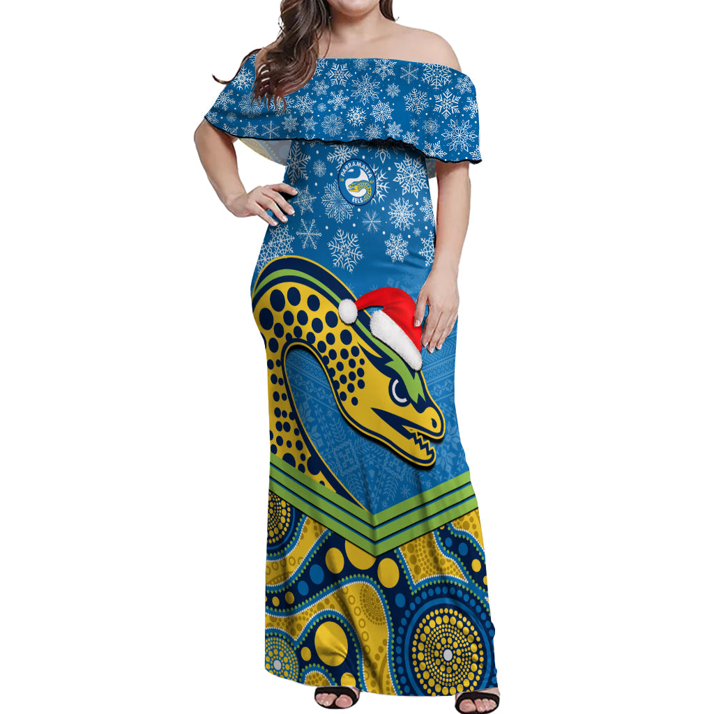 custom-parramatta-eels-rugby-christmas-off-shoulder-maxi-dress-merry-xmas-2023-mix-aboriginal-art