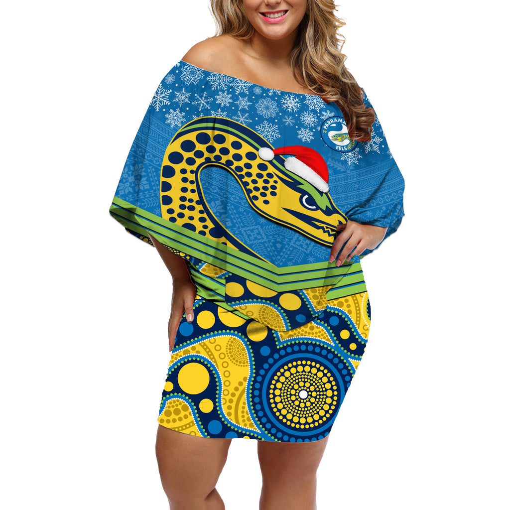 custom-parramatta-eels-rugby-christmas-off-shoulder-short-dress-merry-xmas-2023-mix-aboriginal-art