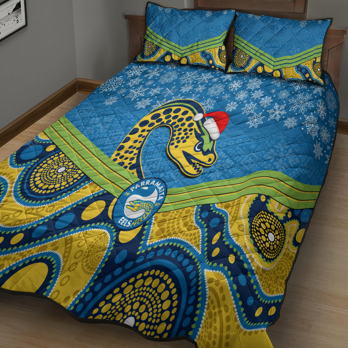 custom-parramatta-eels-rugby-christmas-quilt-bed-set-merry-xmas-2023-mix-aboriginal-art
