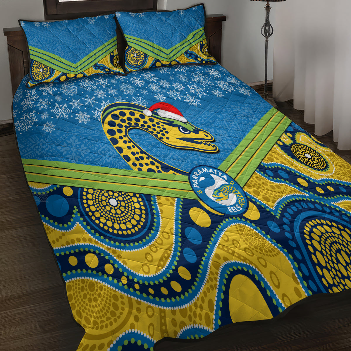 custom-parramatta-eels-rugby-christmas-quilt-bed-set-merry-xmas-2023-mix-aboriginal-art