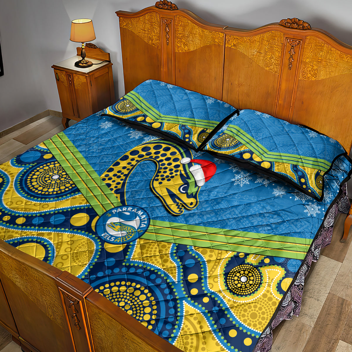 custom-parramatta-eels-rugby-christmas-quilt-bed-set-merry-xmas-2023-mix-aboriginal-art