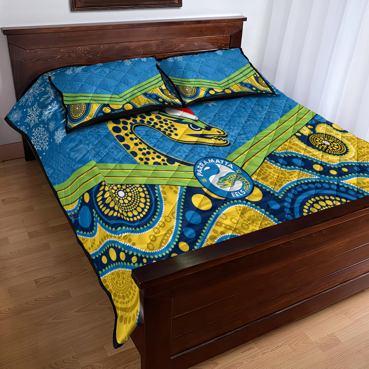 custom-parramatta-eels-rugby-christmas-quilt-bed-set-merry-xmas-2023-mix-aboriginal-art