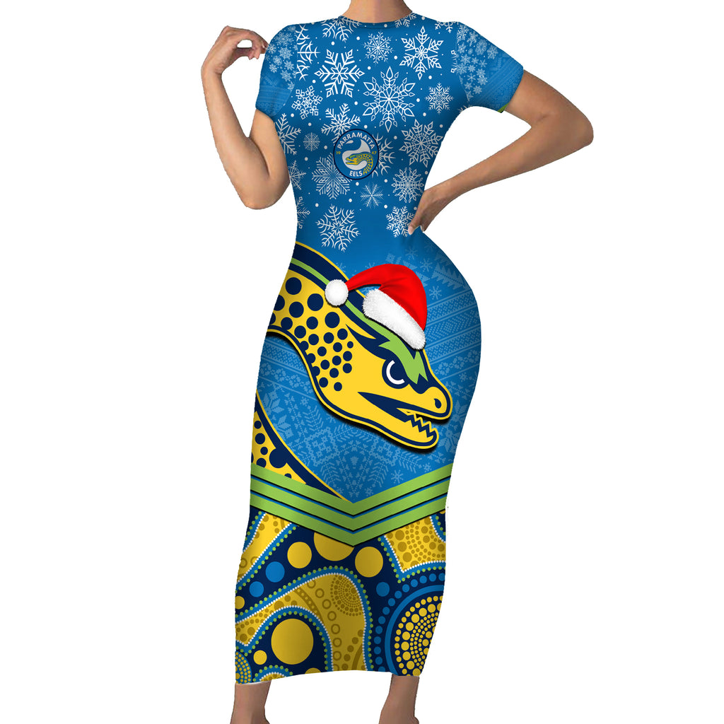 custom-parramatta-eels-rugby-christmas-short-sleeve-bodycon-dress-merry-xmas-2023-mix-aboriginal-art