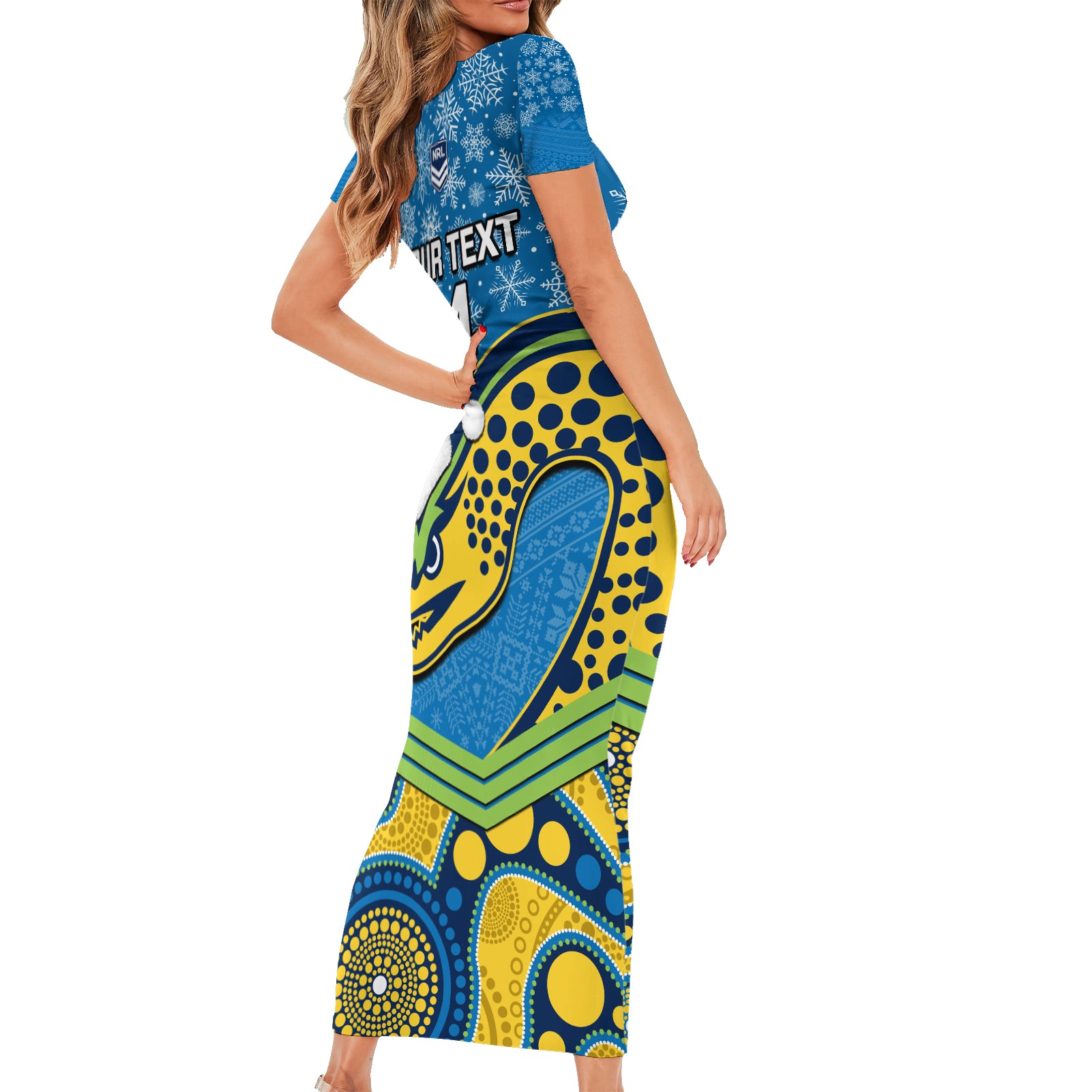custom-parramatta-eels-rugby-christmas-short-sleeve-bodycon-dress-merry-xmas-2023-mix-aboriginal-art
