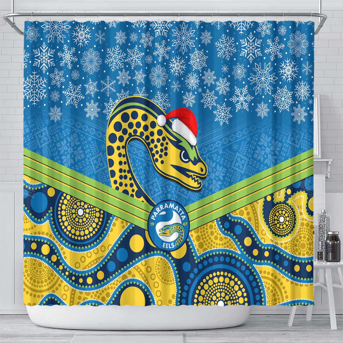 custom-parramatta-eels-rugby-christmas-shower-curtain-merry-xmas-2023-mix-aboriginal-art