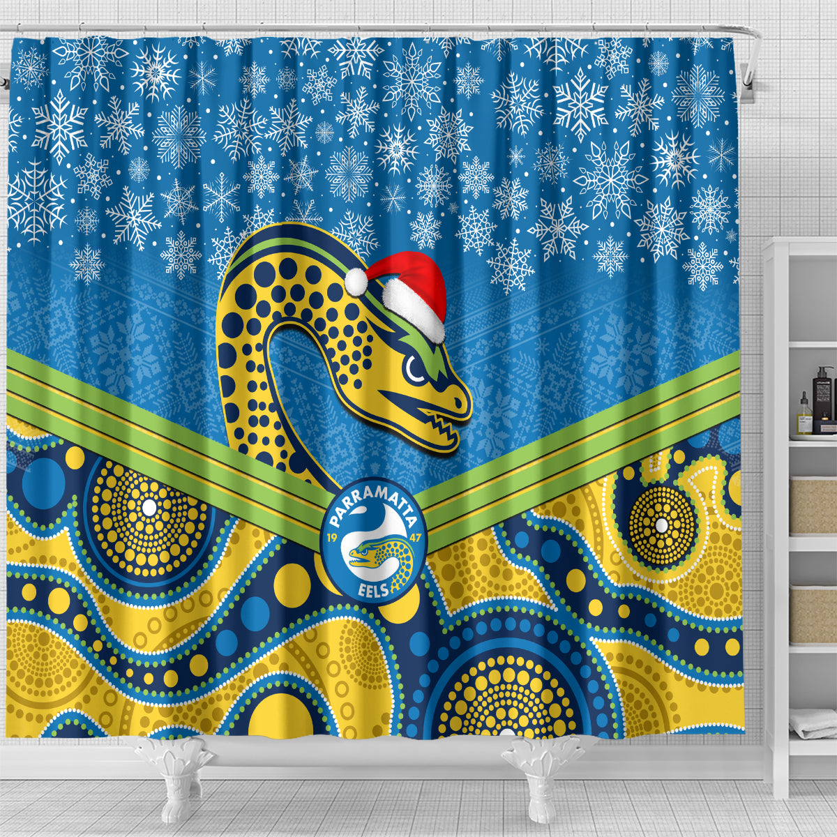 custom-parramatta-eels-rugby-christmas-shower-curtain-merry-xmas-2023-mix-aboriginal-art
