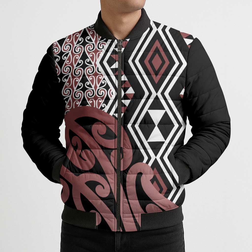 New Zealand Bomber Puffer Jacket Aotearoa Kowhaiwhai Mix Taniko Art - Aussie Hoodie