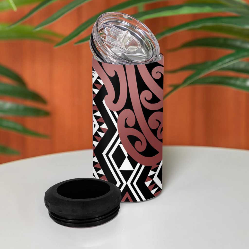 New Zealand 4 in 1 Can Cooler Tumbler Aotearoa Kowhaiwhai Mix Taniko Art - Brown