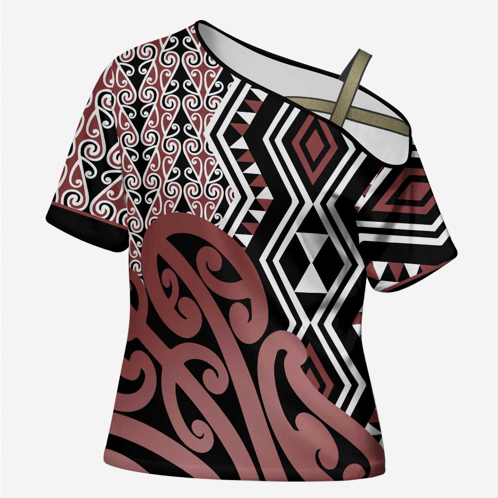 New Zealand Cross Shoulder Shirt Aotearoa Kowhaiwhai Mix Taniko Art - Aussie Hoodie