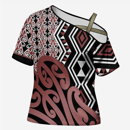 New Zealand Cross Shoulder Shirt Aotearoa Kowhaiwhai Mix Taniko Art - Aussie Hoodie
