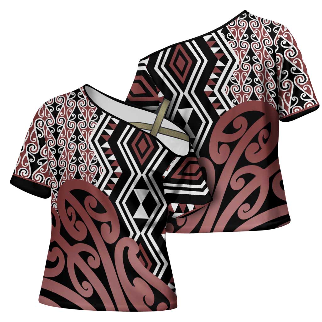 New Zealand Cross Shoulder Shirt Aotearoa Kowhaiwhai Mix Taniko Art - Aussie Hoodie