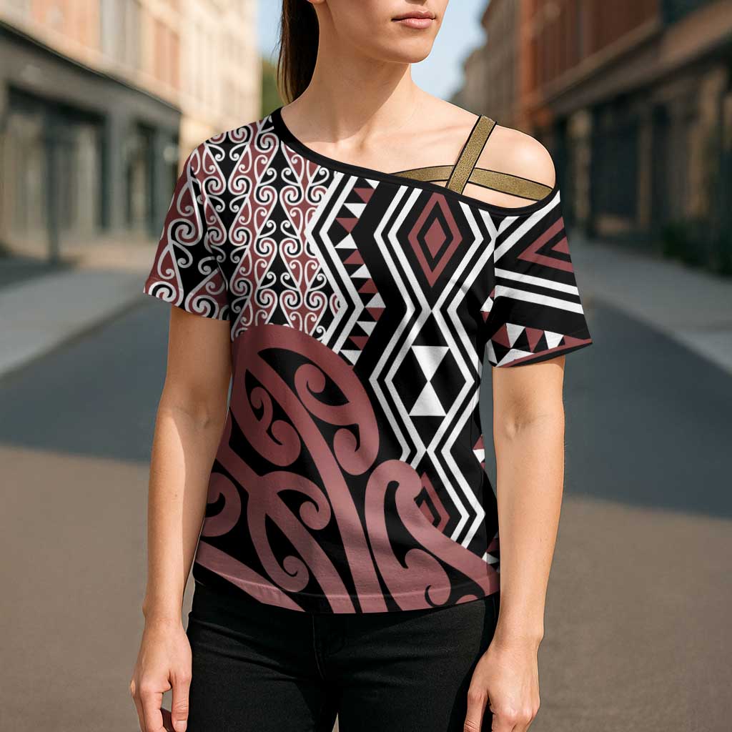 New Zealand Cross Shoulder Shirt Aotearoa Kowhaiwhai Mix Taniko Art - Aussie Hoodie