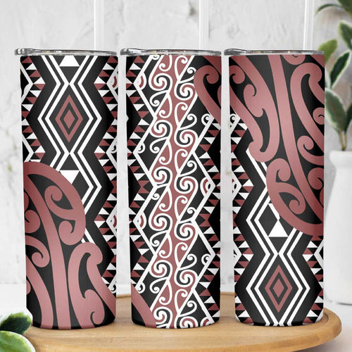 New Zealand Skinny Tumbler Aotearoa Kowhaiwhai Mix Taniko Art - Brown