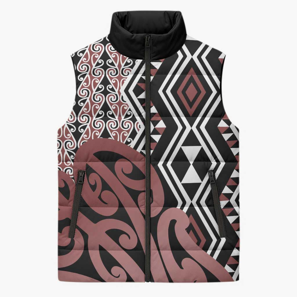New Zealand Sleeveless Puffer Jacket Aotearoa Kowhaiwhai Mix Taniko Art - Aussie Hoodie