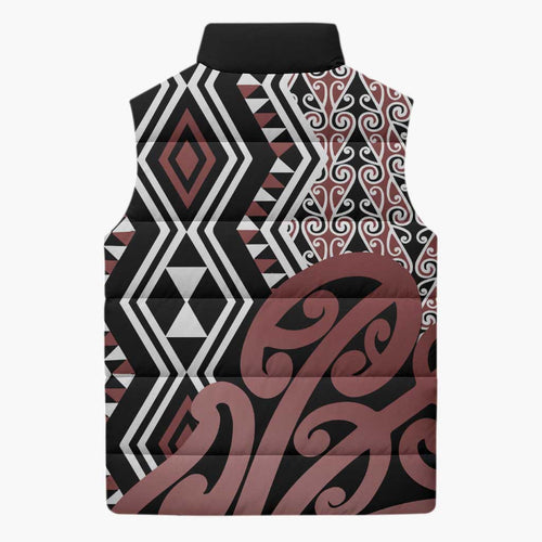 New Zealand Sleeveless Puffer Jacket Aotearoa Kowhaiwhai Mix Taniko Art - Aussie Hoodie