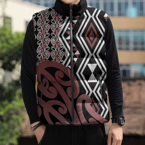 New Zealand Sleeveless Puffer Jacket Aotearoa Kowhaiwhai Mix Taniko Art - Aussie Hoodie