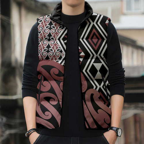 New Zealand Sleeveless Puffer Jacket Aotearoa Kowhaiwhai Mix Taniko Art - Aussie Hoodie