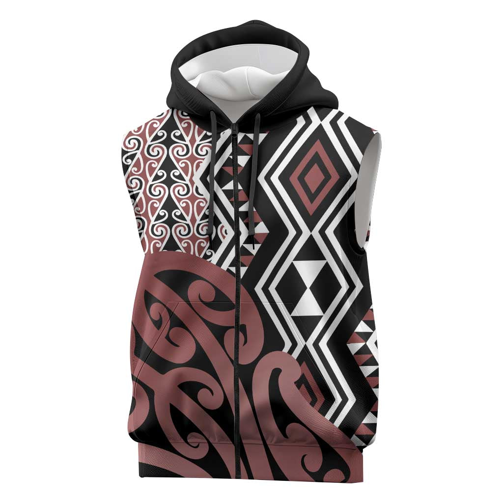 New Zealand Sleeveless Zip Hoodie Aotearoa Kowhaiwhai Mix Taniko Art LT14