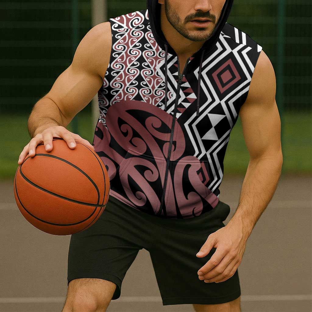 New Zealand Sleeveless Zip Hoodie Aotearoa Kowhaiwhai Mix Taniko Art LT14