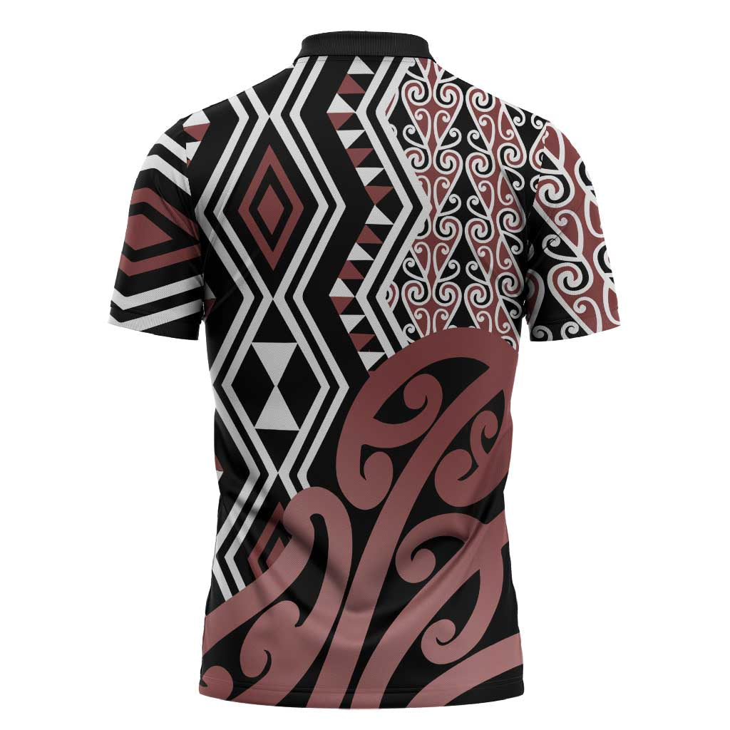 New Zealand Zipper Polo Shirt Aotearoa Kowhaiwhai Mix Taniko Art - Aussie Hoodie