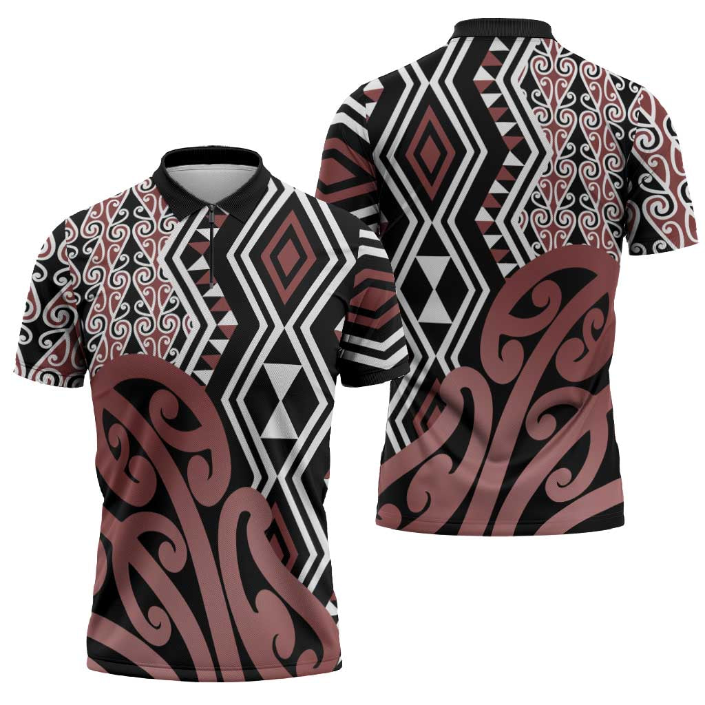 New Zealand Zipper Polo Shirt Aotearoa Kowhaiwhai Mix Taniko Art - Aussie Hoodie