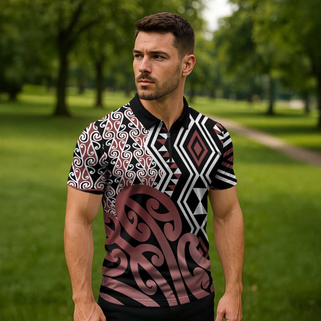 New Zealand Zipper Polo Shirt Aotearoa Kowhaiwhai Mix Taniko Art - Aussie Hoodie